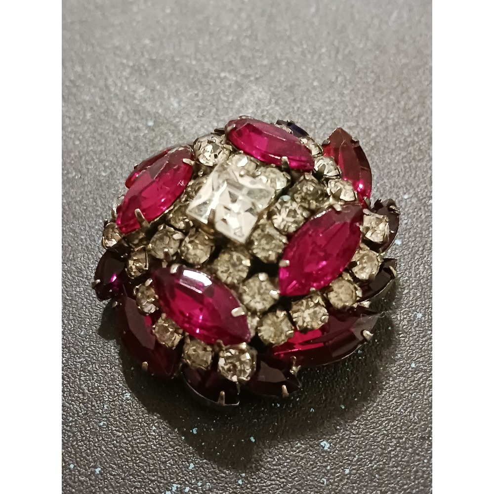 Vintage Ruby Red Marquise Rhinestone Dome Brooch Silver Tone Mid Century Pin